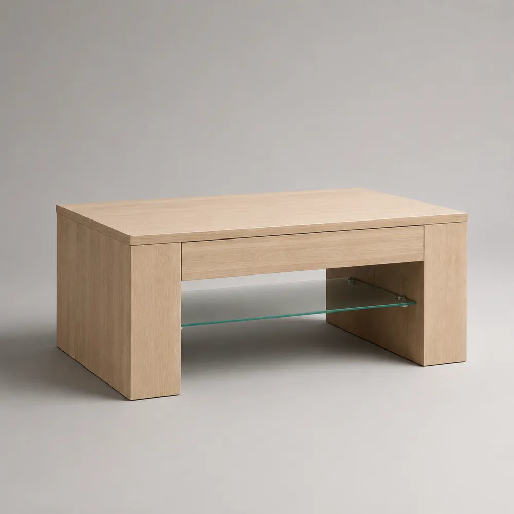 Table basse rectangulaire en MDF finition chêne clair avec tiroir et étagère en verre 120 x 60 x 40 cm