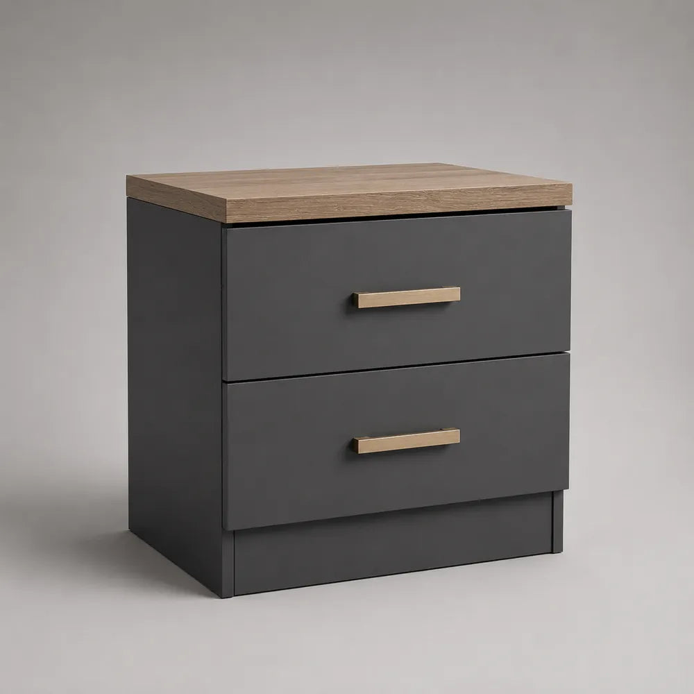 Table de chevet 45x35x45 cm en MDF gris avec 2 tiroirs plateau aspect chêne rectangulaire