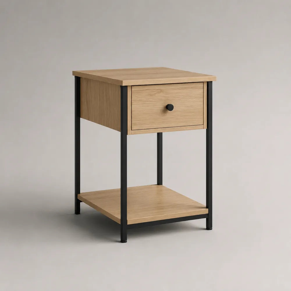 Table de chevet rectangulaire 45 x 35 x 60 cm en MDF effet chêne naturel avec tiroir et étagère noire