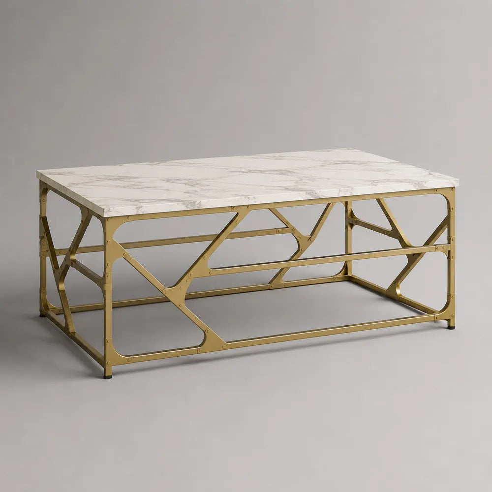 Table basse rectangulaire 120x60x40 cm plateau effet marbre blanc cadre acier doré