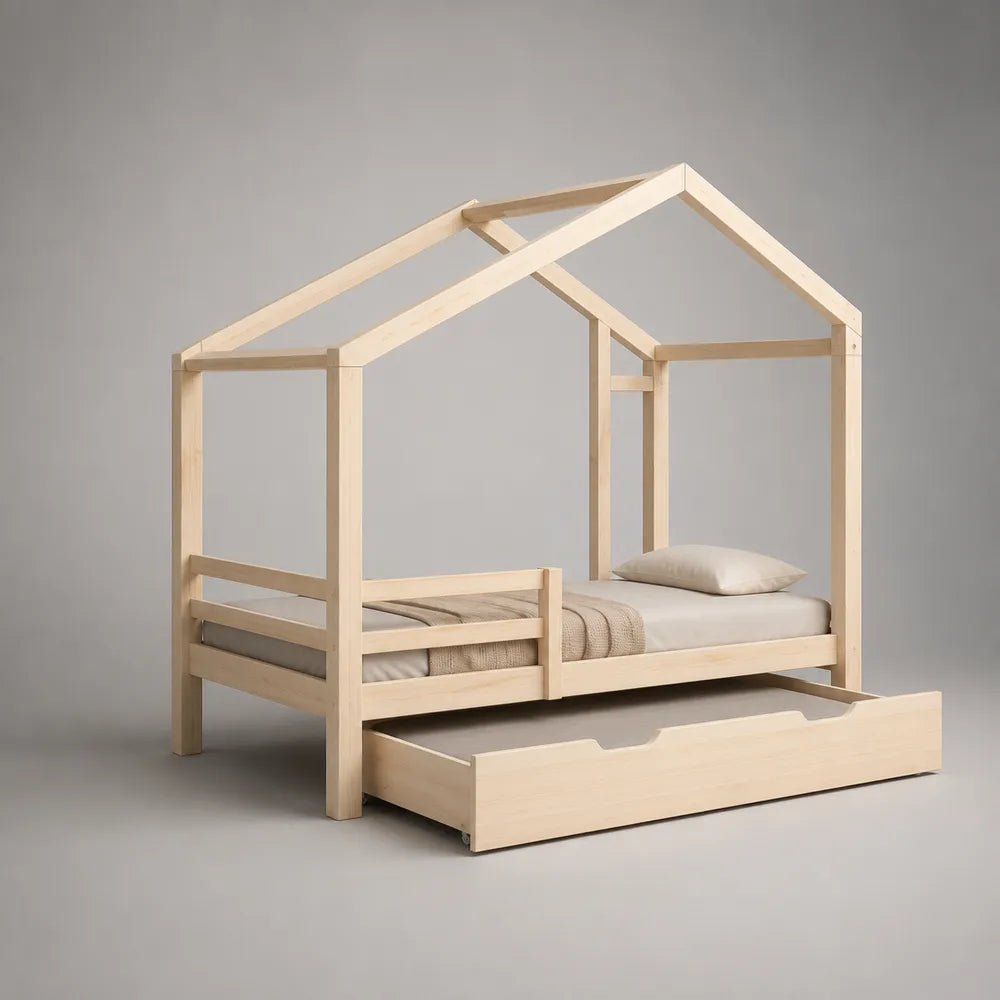 Lit cabane enfant 90 x 200 cm bois massif beige avec tiroir de rangement et toit maison