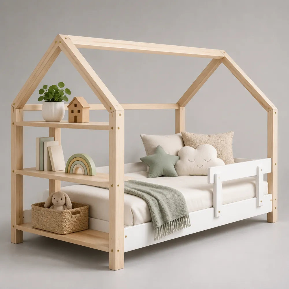 Lit cabane enfant en bois massif pin avec étagères et barrière blanche 90 x 200 cm