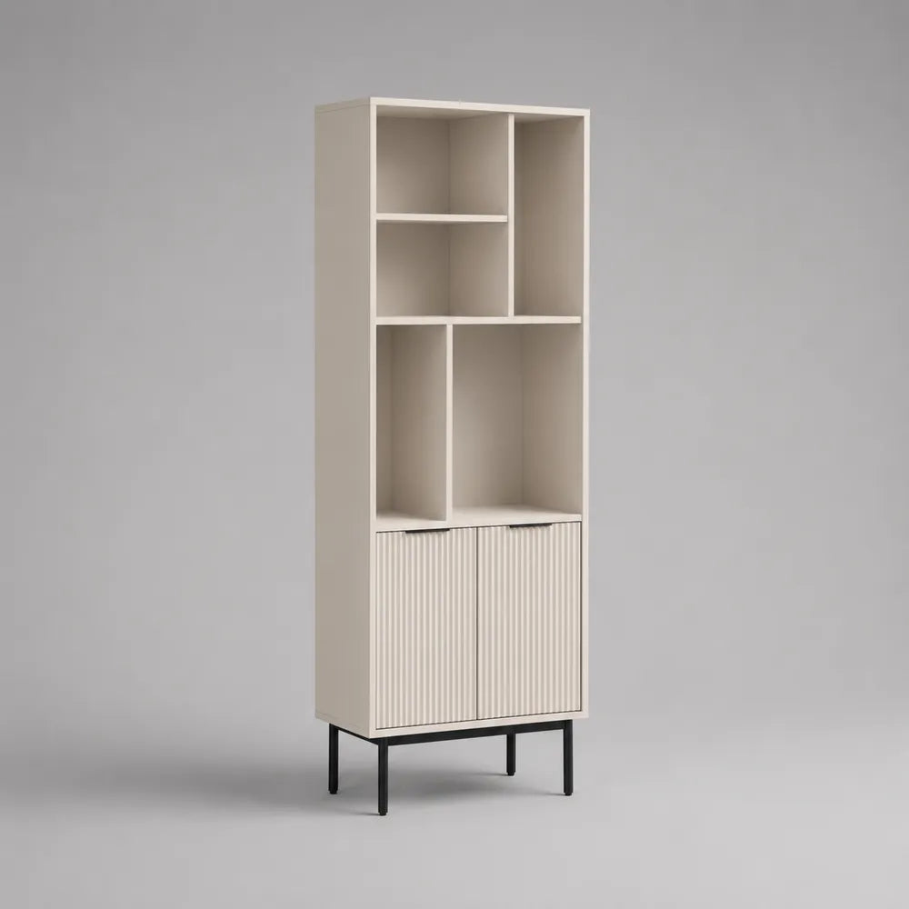 Étagère bibliothèque 80x35x180 cm en MDF blanc avec portes rainurées et pieds métal noir