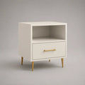 Table de chevet 45 x 35 x 55 cm en MDF blanc avec tiroir niche ouverte et pieds en acier doré