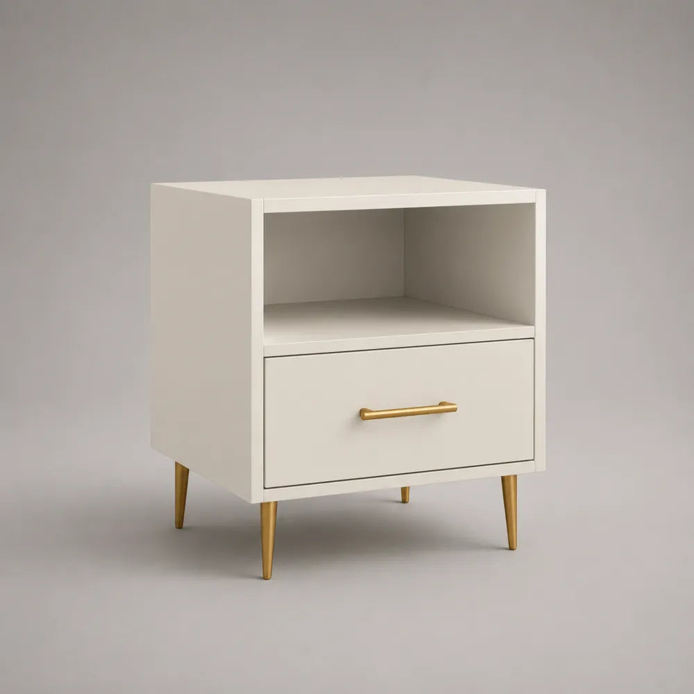 Table de chevet 45 x 35 x 55 cm en MDF blanc avec tiroir niche ouverte et pieds en acier doré