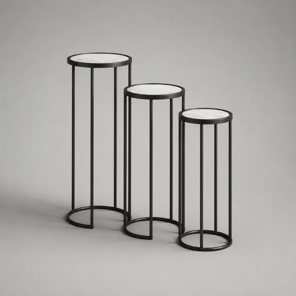Tables d'appoint gigognes rondes 3 pièces avec plateau effet marbre blanc cadre acier noir