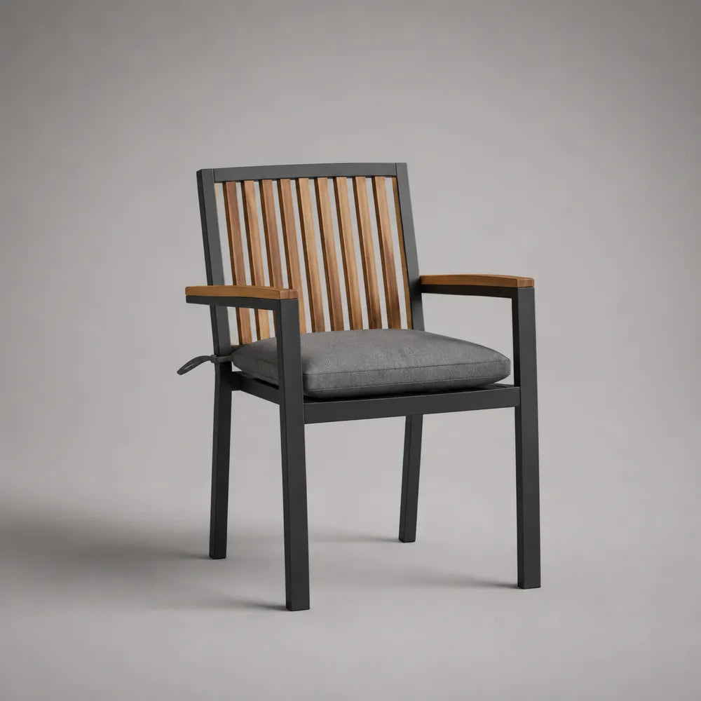 Fauteuil de jardin avec accoudoirs en acier bois d'acacia et coussin polyester gris 60 x 63 x 86 cm
