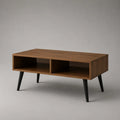 Table basse rectangulaire en MDF finition noyer avec deux niches ouvertes pieds acier noir 120 x 60 x 40 cm