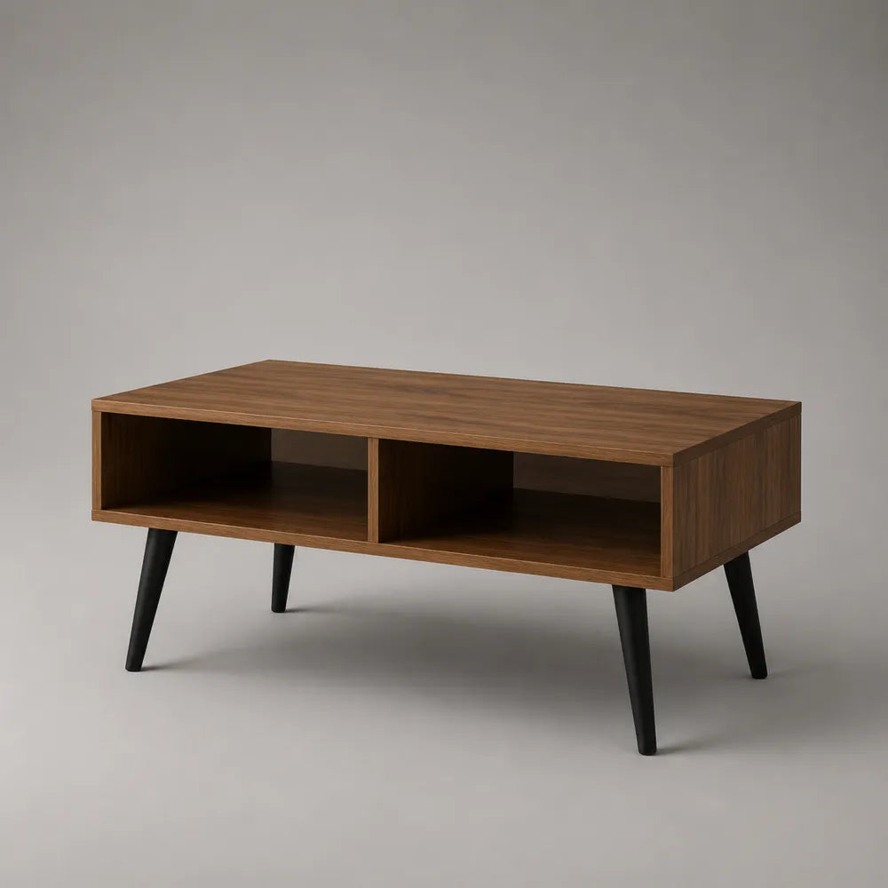 Table basse rectangulaire en MDF finition noyer avec deux niches ouvertes pieds acier noir 120 x 60 x 40 cm