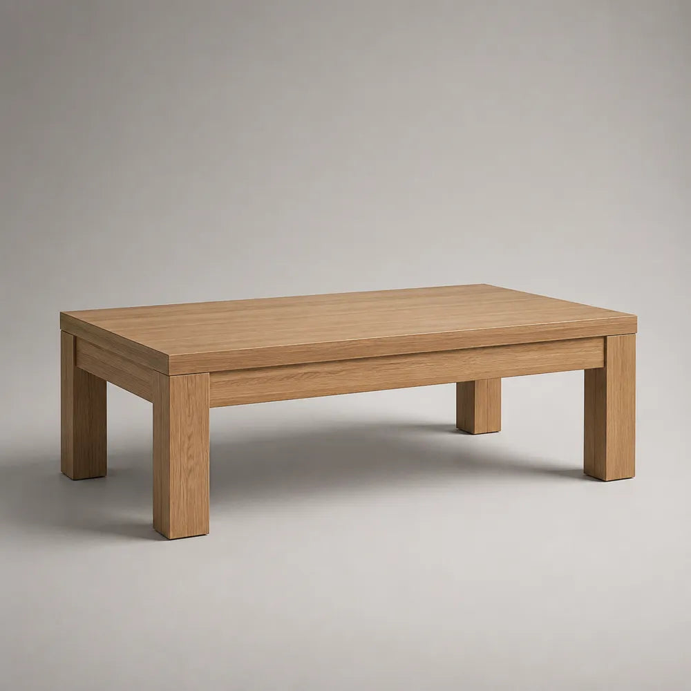 Table basse rectangulaire en MDF finition chêne clair avec pieds en bois 120 x 60 x 40 cm