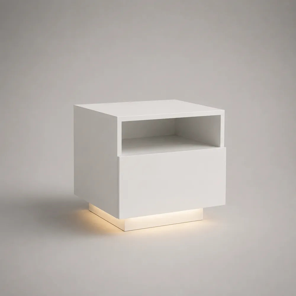 Table de chevet rectangulaire 45 x 35 x 40 cm en MDF blanc avec tiroir et niche ouverte éclairage LED