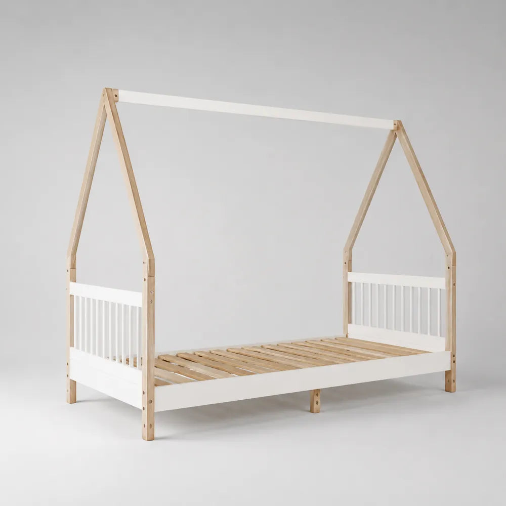 Lit cabane enfant 90x200 cm en bois massif blanc avec toit et barrières latérales