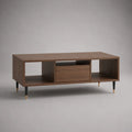 Table basse rectangulaire MDF finition noyer avec tiroir et niches ouvertes pieds acier noir 120 x 60 x 40 cm