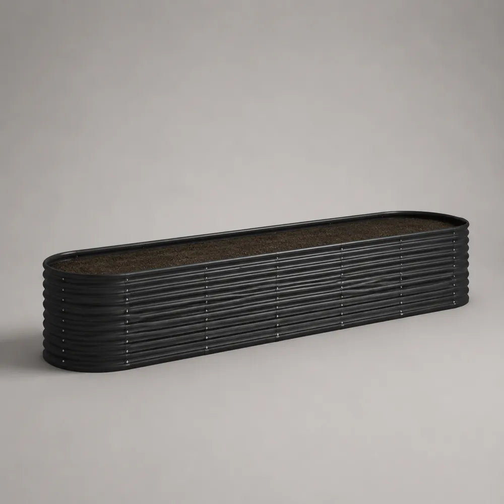 Jardinière rectangulaire longue en acier galvanisé noir avec parois ondulées 120 x 30 x 25 cm